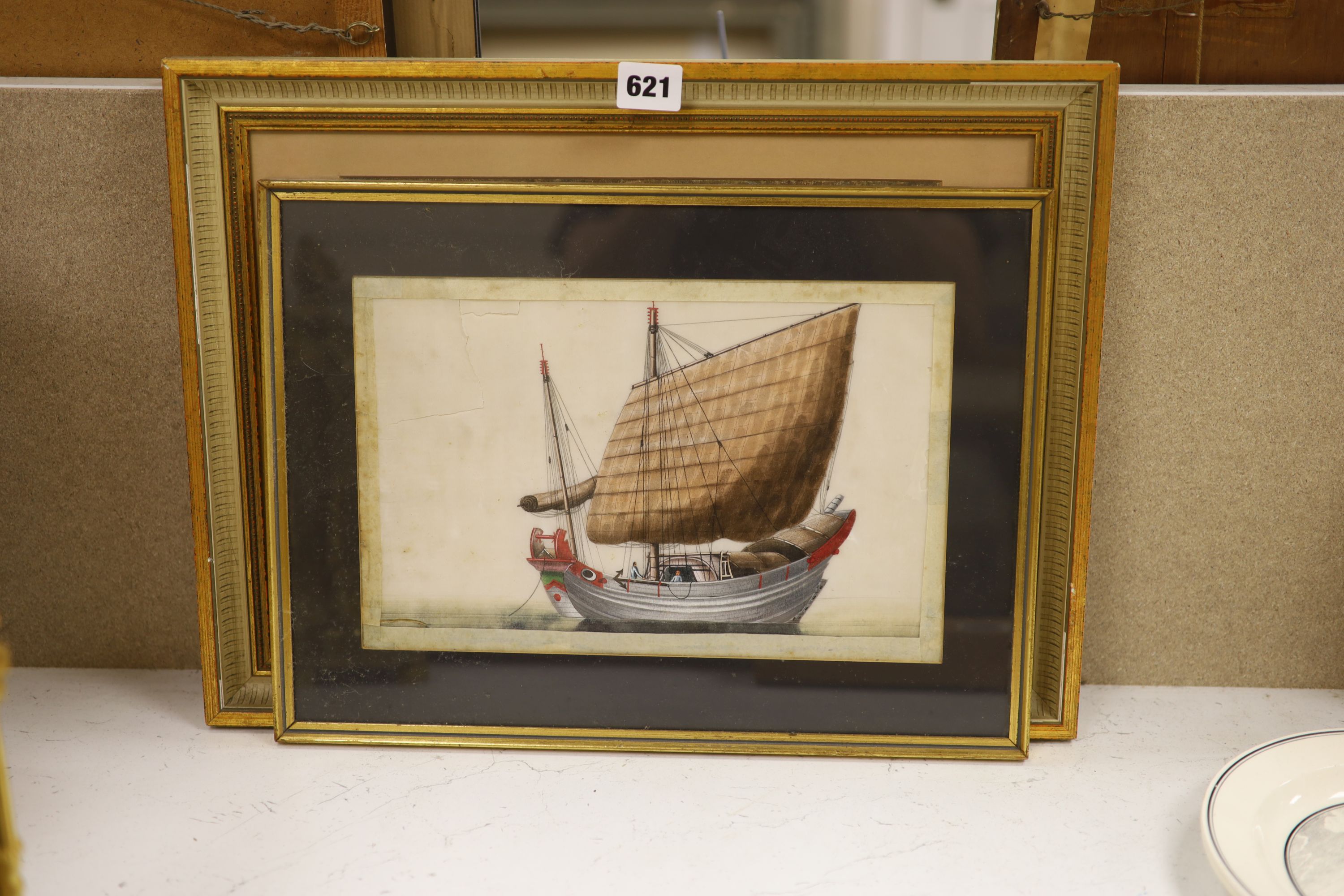 19th century Chinese School, gouache on pith paper, Junk at sea, 17 x 18cm and a pastel study by an English hand, 23 x 30cm